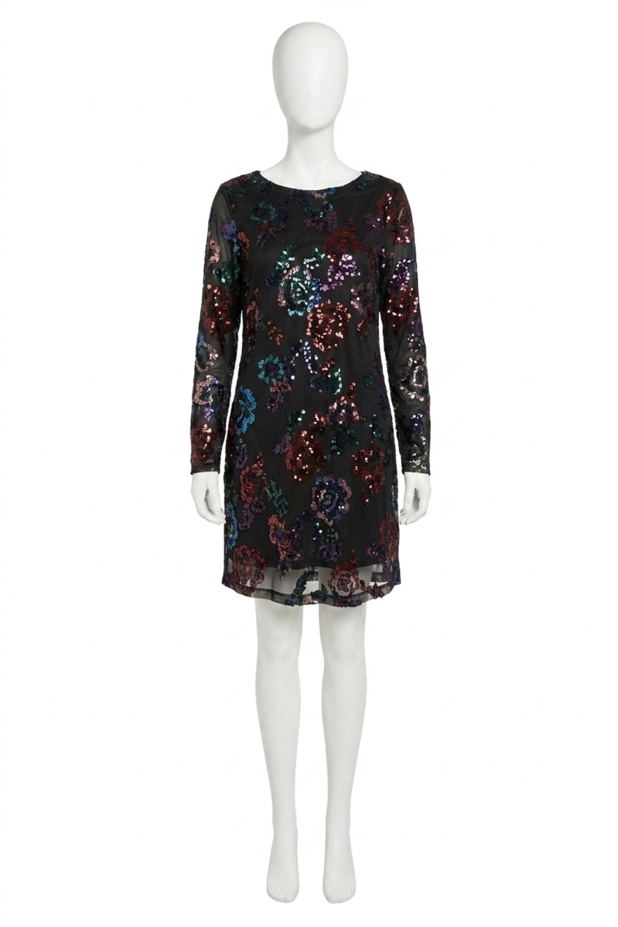 NEW TRIBAL fiorielle floral sequin mesh lined a-line dress in black